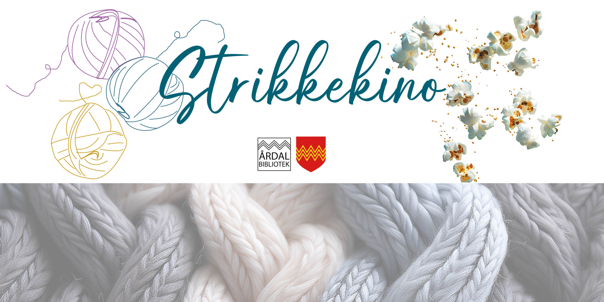 Strikkekino logo med illustrasjoner av garn og popkorn