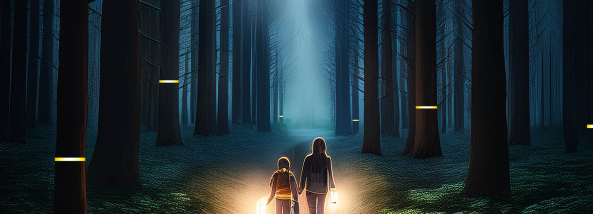 bild av en familie som gå tur i en skog når det er mørkt