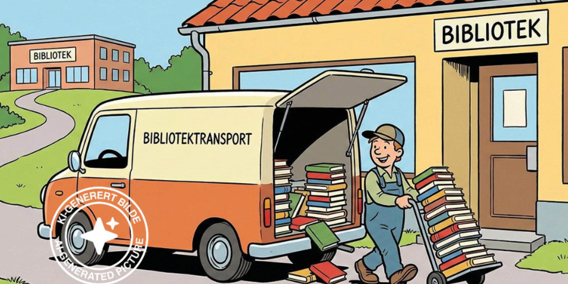 Bibliotektransportbil parkert utenfor en bibliotek. En mann levere bøker.